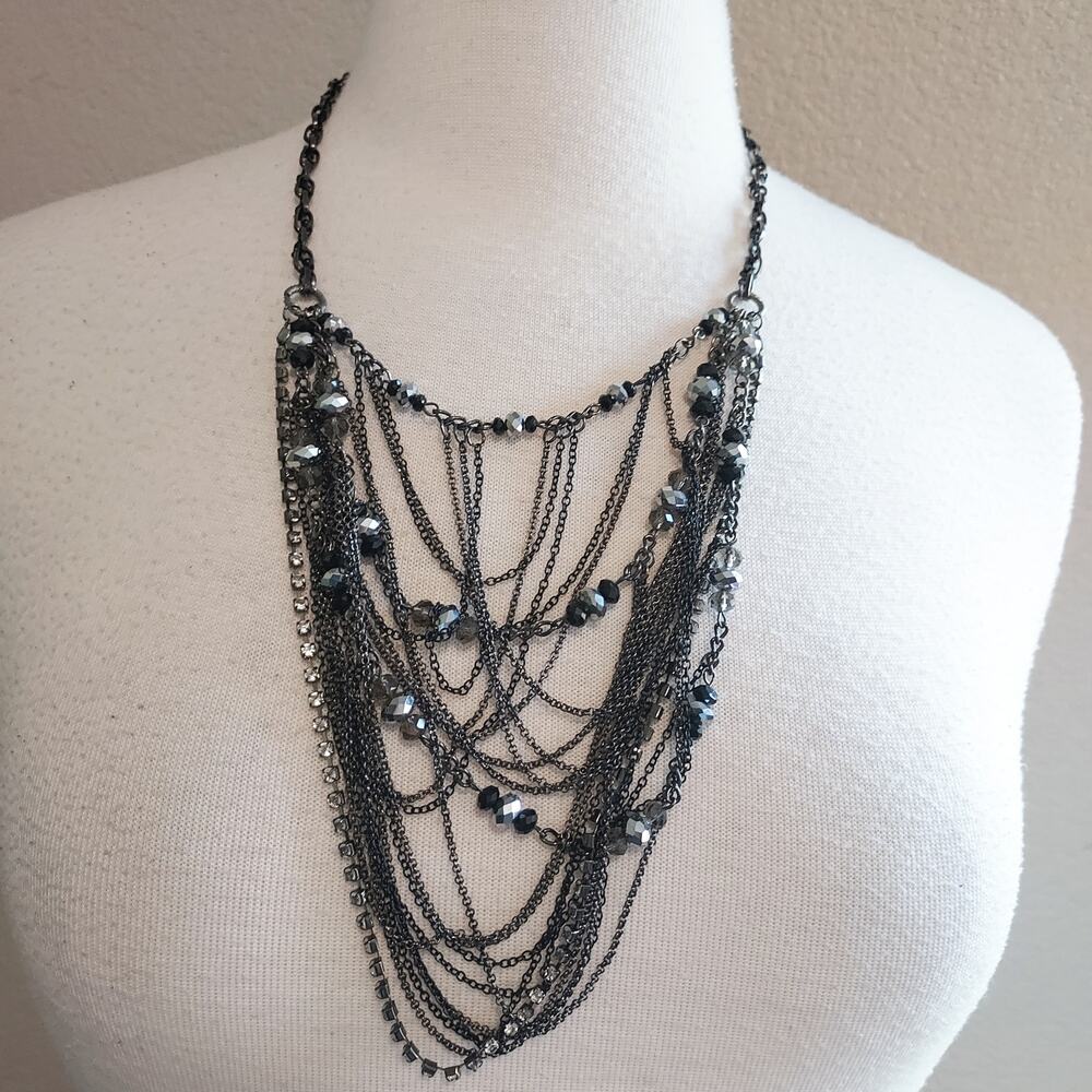 Black & Silver Bib Necklace Statement Piece